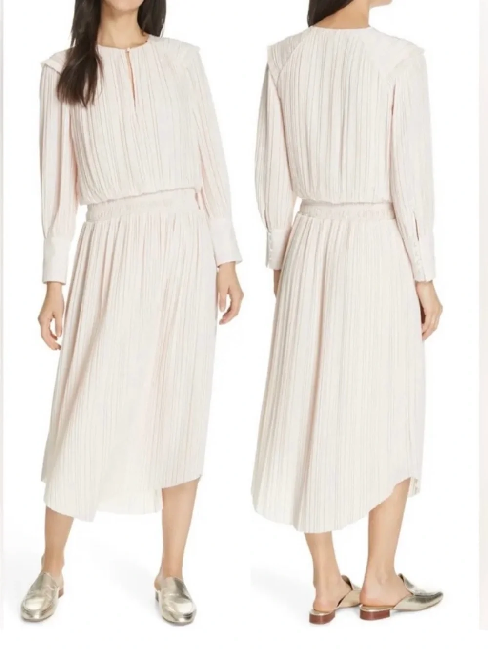Joie Blush Solid Pleated Smocked Long-Sleeve Midi Dress - Picture 6 of 12